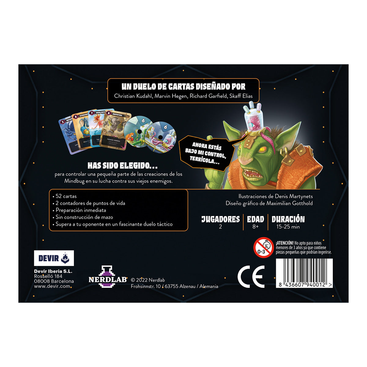 Panel trasero de la caja del juego de cartas Mindbug con ilustración de orco y reglas