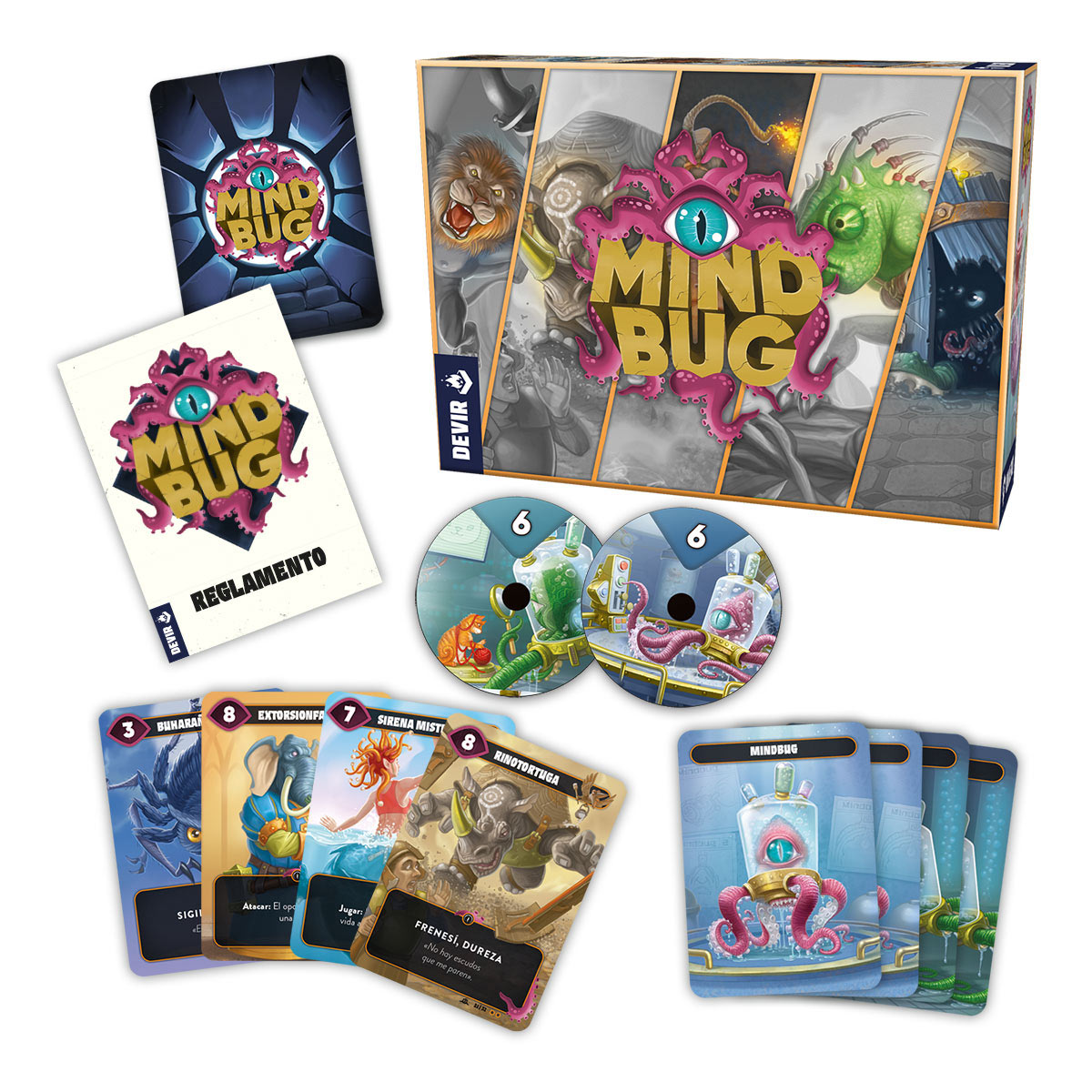 Juego de cartas táctico Mindbug con caja, mazos y criaturas sobre fondo blanco