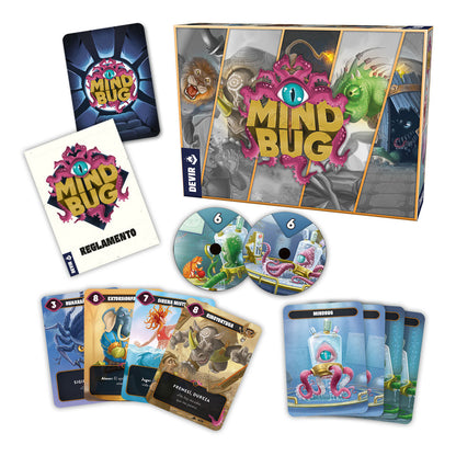 Juego de cartas táctico Mindbug con caja, mazos y criaturas sobre fondo blanco