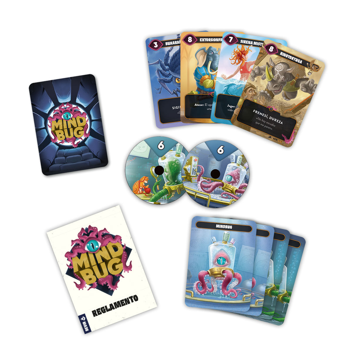 Componentes del juego de cartas Mindbug: cartas, contadores y reglamento en mesa