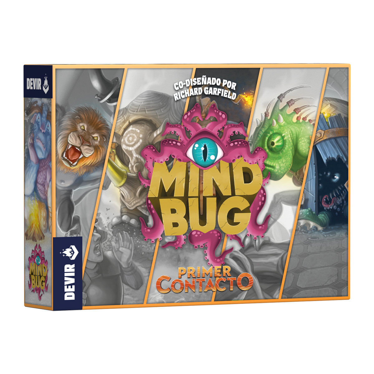 Caja del juego de cartas Mindbug Primer Contacto con arte de criaturas y logo dorado