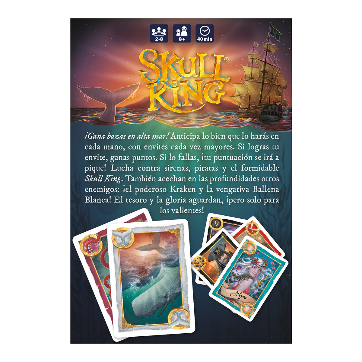 Portada promocional de Skull King con barco pirata, ballena y reglas para 2 a 8 jugadores
