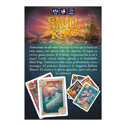 Portada promocional de Skull King con barco pirata, ballena y reglas para 2 a 8 jugadores