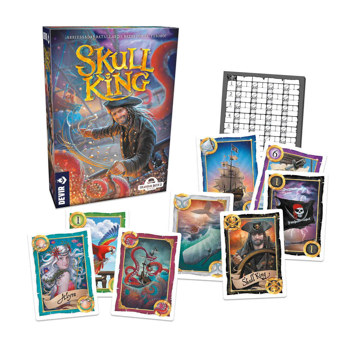 Juego completo Skull King con caja, cartas variadas y marcador de puntos incluido