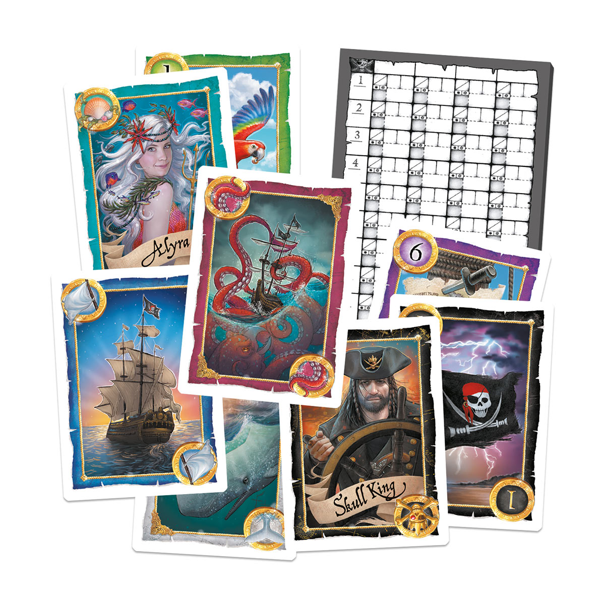 Conjunto de cartas temáticas de Skull King y tablero de puntuación sobre fondo blanco