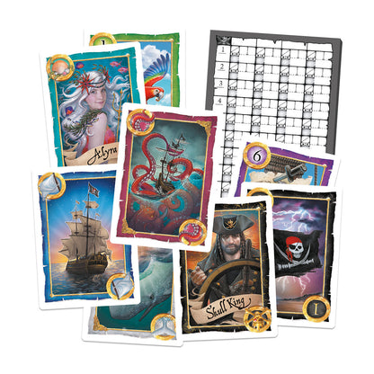 Conjunto de cartas temáticas de Skull King y tablero de puntuación sobre fondo blanco