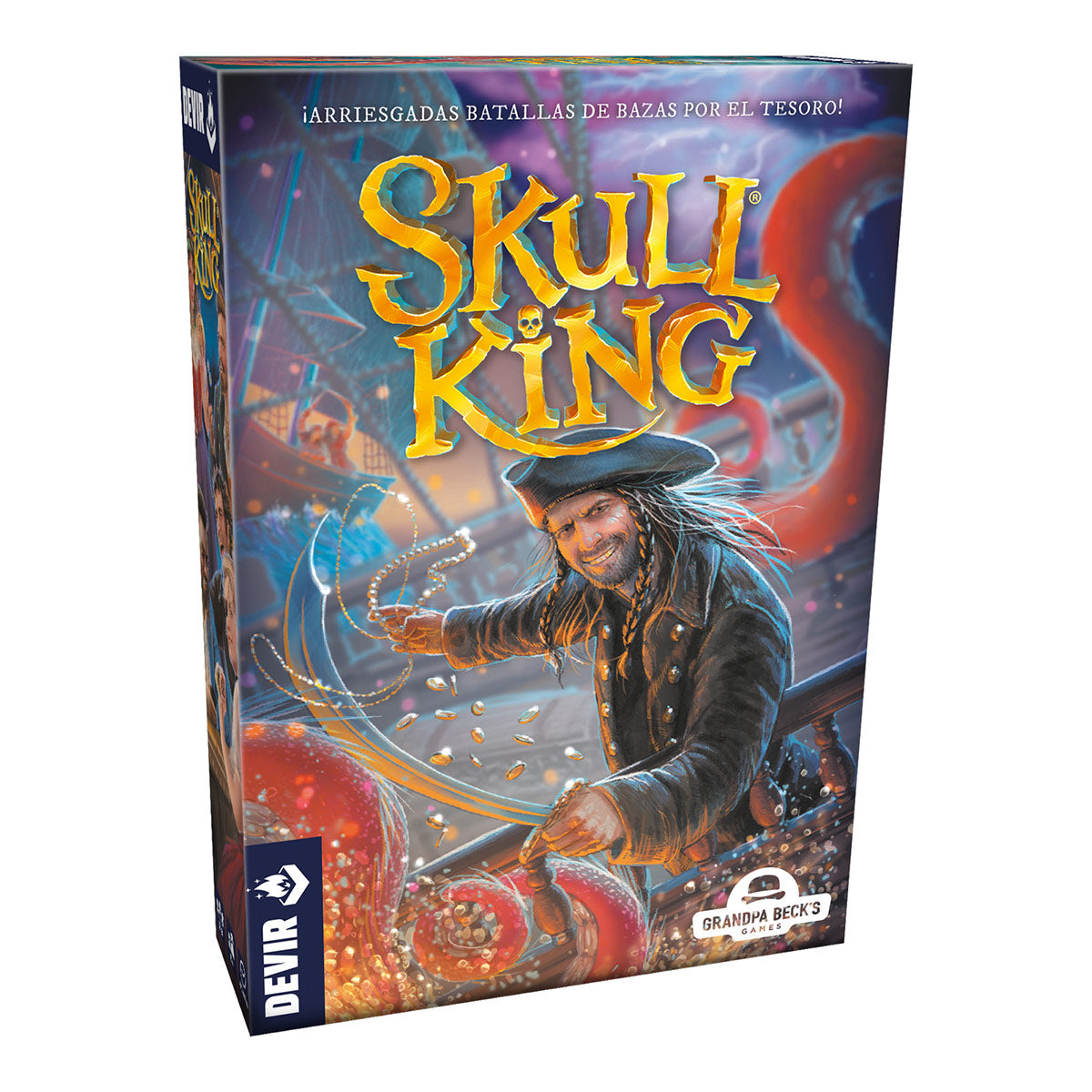 Caja del juego de cartas Skull King con ilustración pirata y lema de batalla por el tesoro