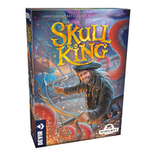 Caja del juego de cartas Skull King con ilustración pirata y lema de batalla por el tesoro