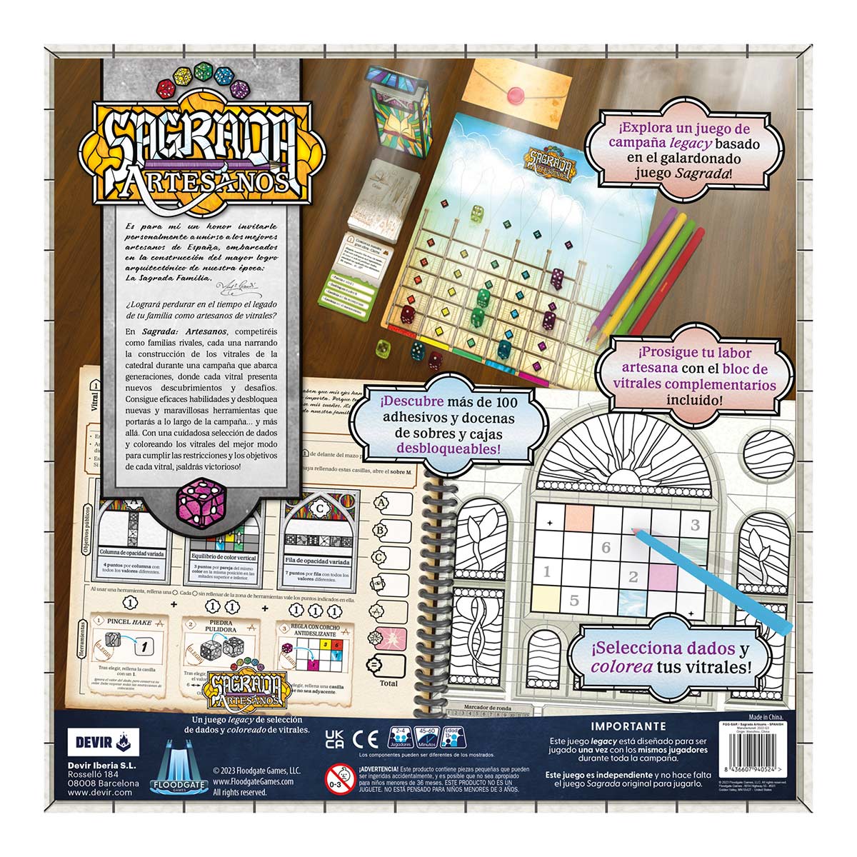 Sagrada: Artesanos juego de mesa legacy, vista trasera caja con componentes dados y libro