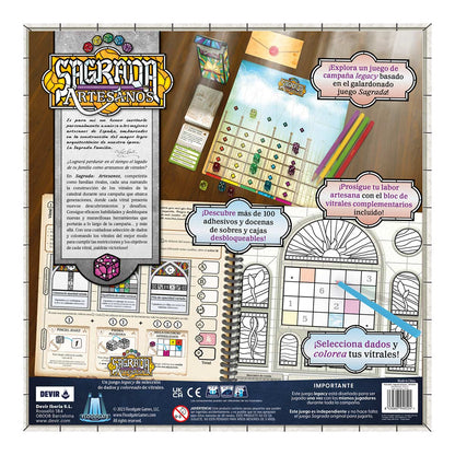 Sagrada: Artesanos juego de mesa legacy, vista trasera caja con componentes dados y libro