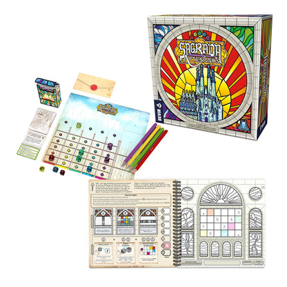 Contenido completo juego de mesa Sagrada: Artesanos, caja, libro espiral y accesorios