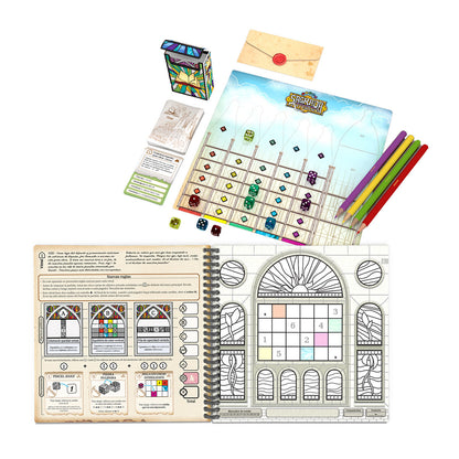 Componentes Sagrada: Artesanos, libro plantillas vidrieras, cartas, dados y lápices colores