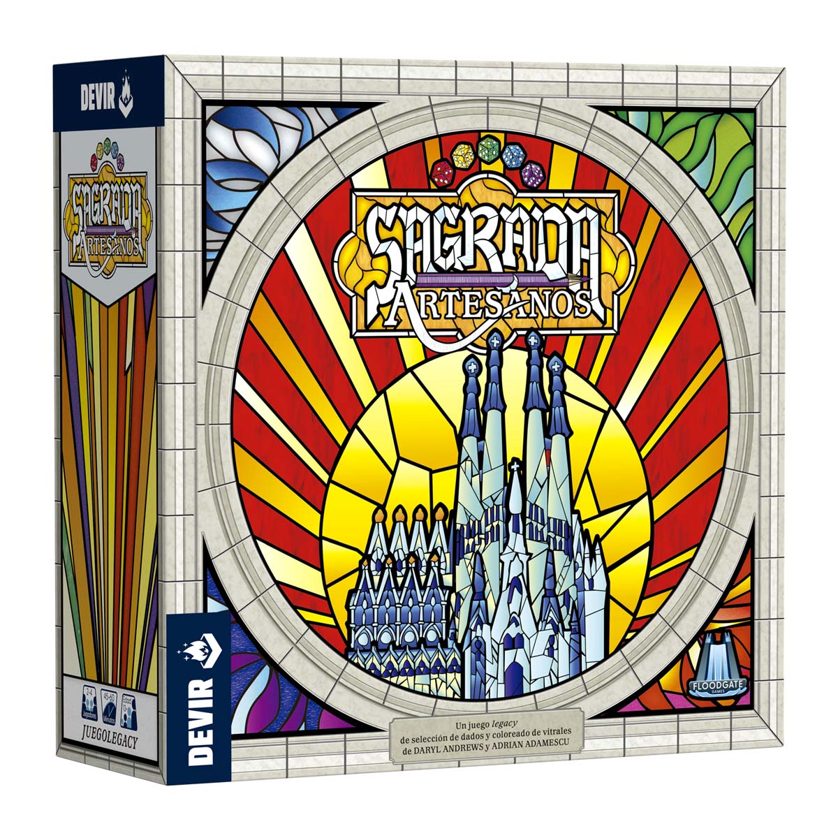 Caja frontal juego de mesa Sagrada: Artesanos, diseño vitral circular azul y rojo