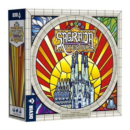Caja frontal juego de mesa Sagrada: Artesanos, diseño vitral circular azul y rojo