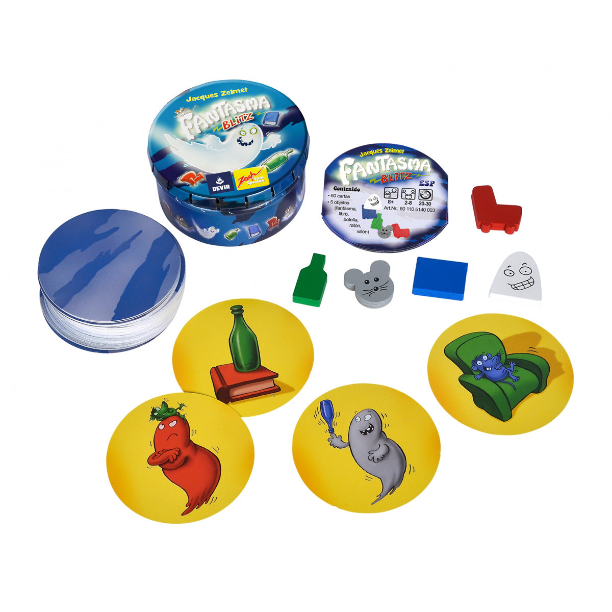 Fantasma Blitz Mini juego de mesa con componentes y cartas sobre fondo blanco