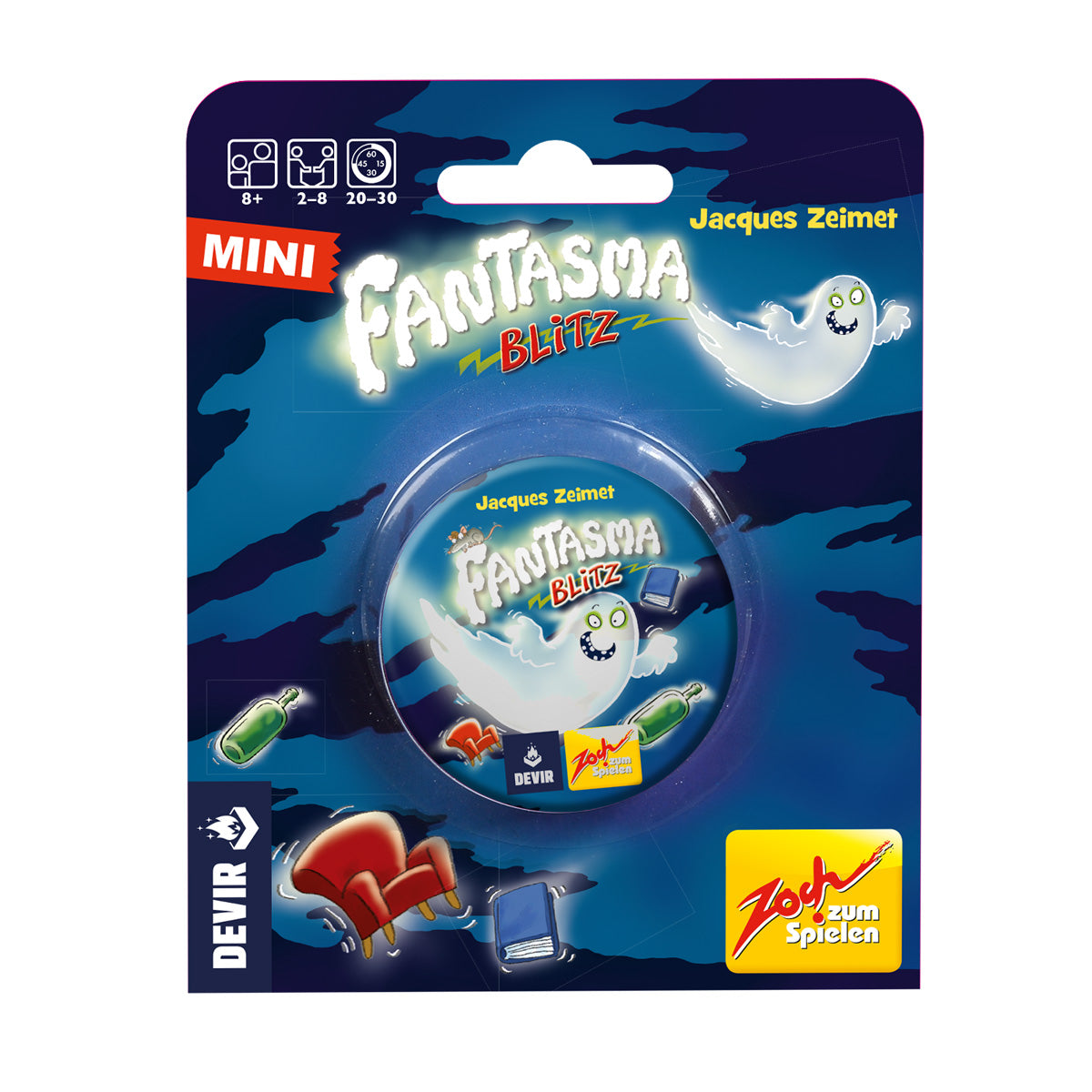 Caja del juego Fantasma Blitz Mini con ventana transparente mostrando la lata