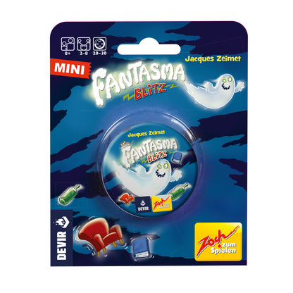 Caja del juego Fantasma Blitz Mini con ventana transparente mostrando la lata