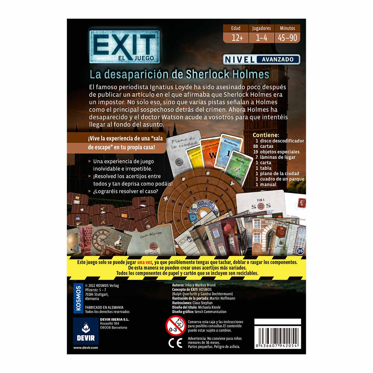 Contraportada del juego de mesa EXIT La Desaparición de Sherlock Holmes con componentes y silueta de Big Ben