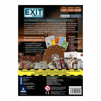 Contraportada del juego de mesa EXIT La Desaparición de Sherlock Holmes con componentes y silueta de Big Ben