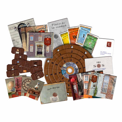 Vista general de los componentes del juego de mesa EXIT La desaparición de Sherlock Holmes incluyendo tablero, cartas y planos