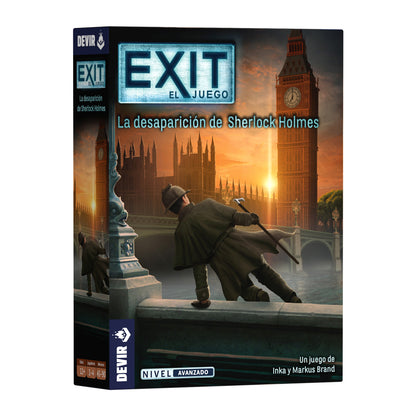 Caja frontal del juego de mesa EXIT La desaparición de Sherlock Holmes nivel avanzado con ilustración de detective y Big Ben