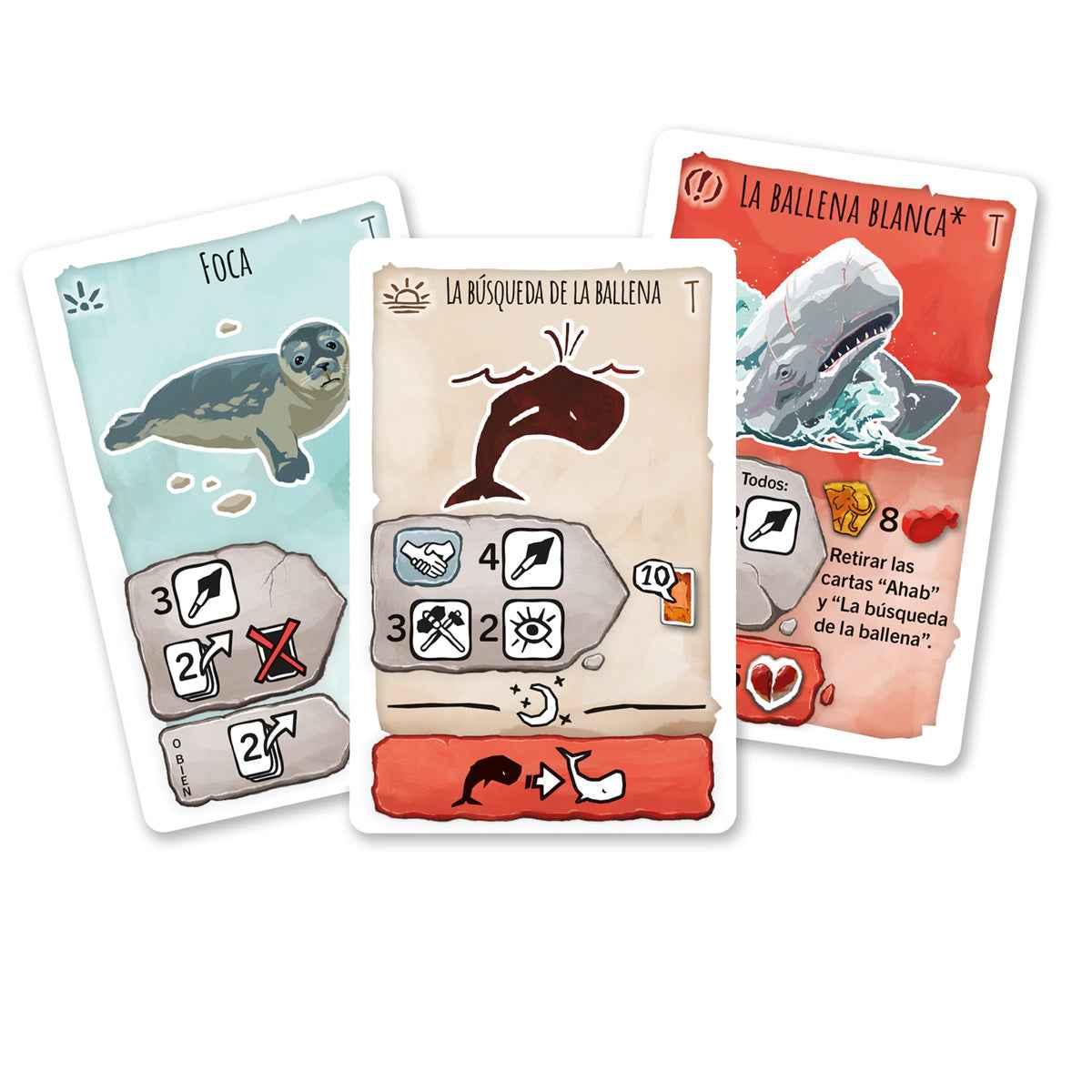 Cartas de juego Paleo La Ballena Blanca mostrando foca y misión de caza