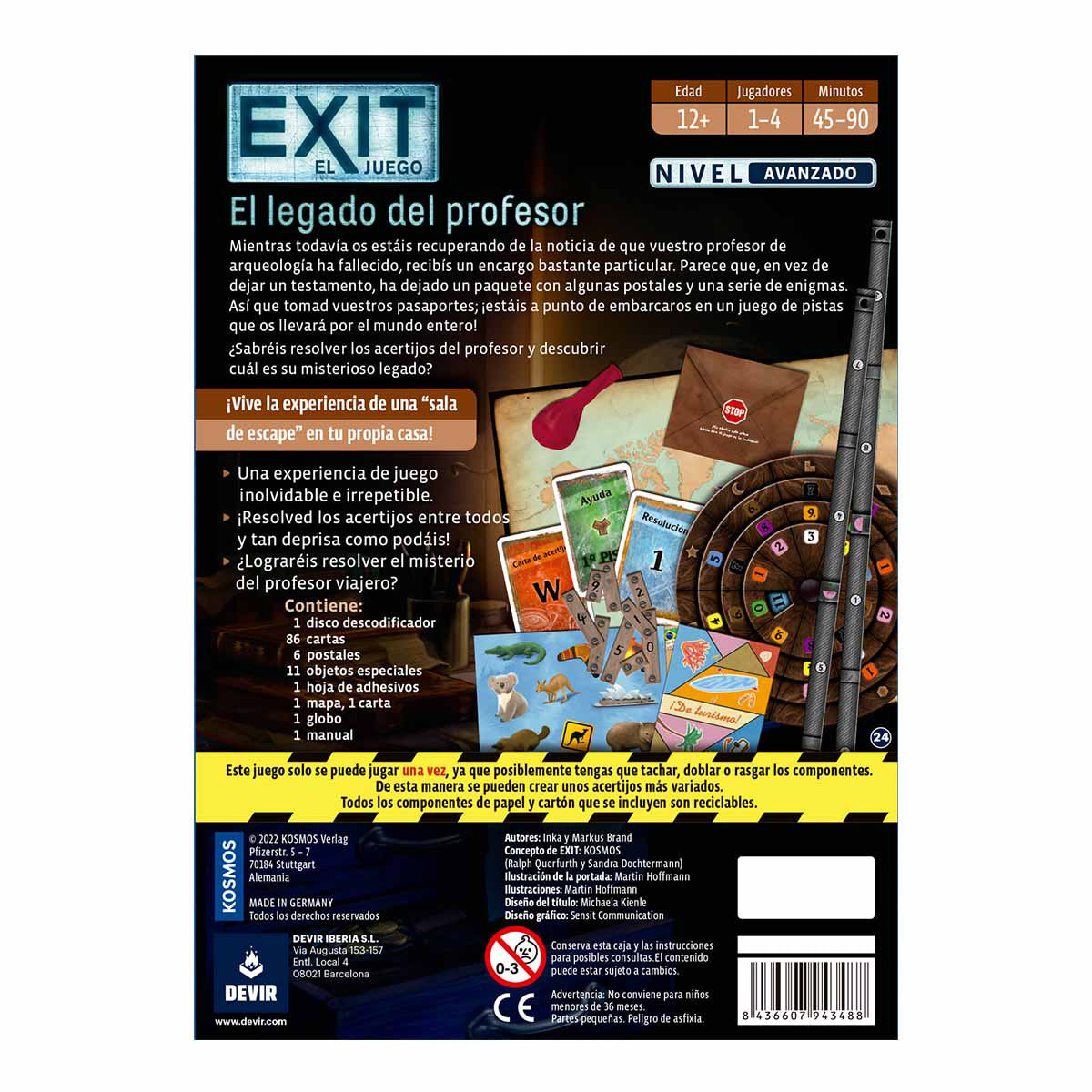 Contraportada del juego de mesa EXIT: El legado del profesor con lista de contenidos y detalles técnicos