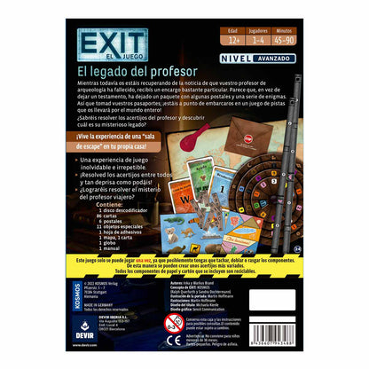 Contraportada del juego de mesa EXIT: El legado del profesor con lista de contenidos y detalles técnicos