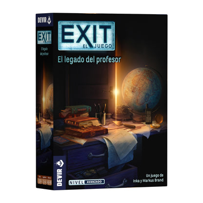 Caja frontal del juego de mesa EXIT: El legado del profesor con ilustración de escritorio misterioso