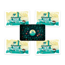 Cartas de juego All Aboard! con barcos turquesa y números para embarcar animales