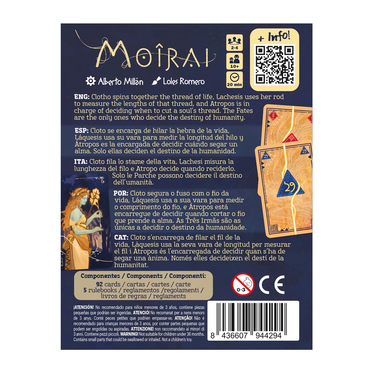 Parte trasera caja juego de mesa Moirai con reglas y componentes para 2-4 jugadores