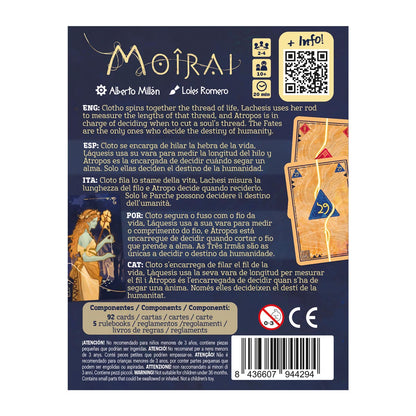 Parte trasera caja juego de mesa Moirai con reglas y componentes para 2-4 jugadores
