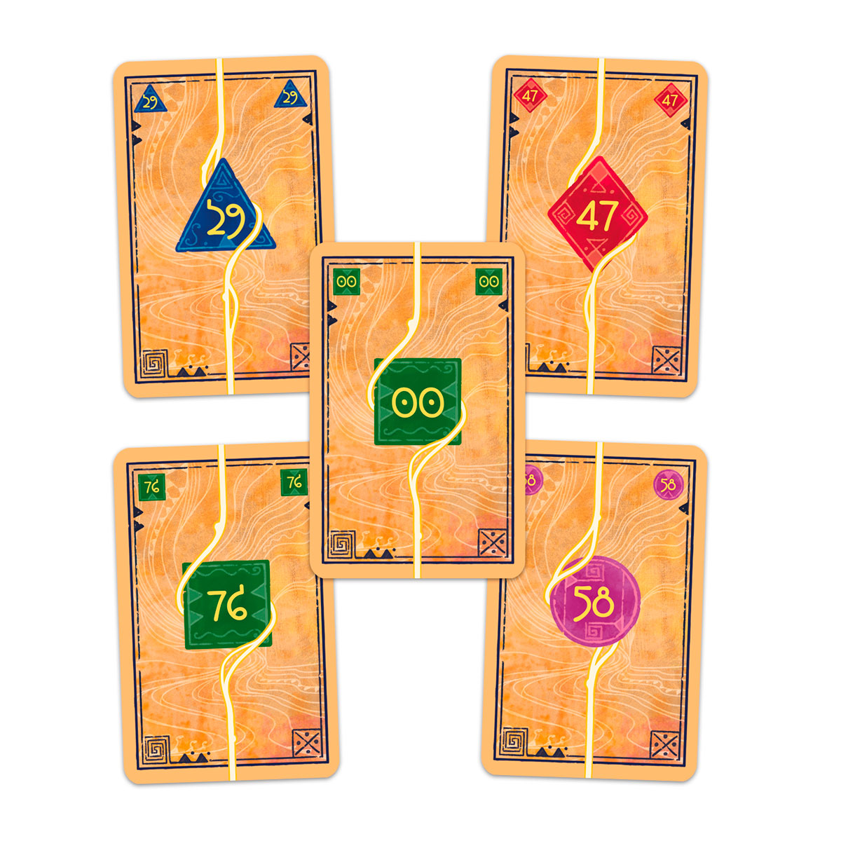 Cartas juego de mesa Moirai números y símbolos topográficos conectados por hilo