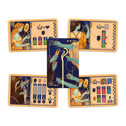 Cartas del juego de mesa Moirai con símbolos geométricos y diseño de hilo continuo
