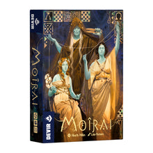 Caja frontal juego de mesa Moirai ilustración Tres Parcas hilos destino