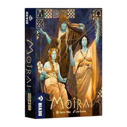 Caja frontal juego de mesa Moirai ilustración Tres Parcas hilos destino