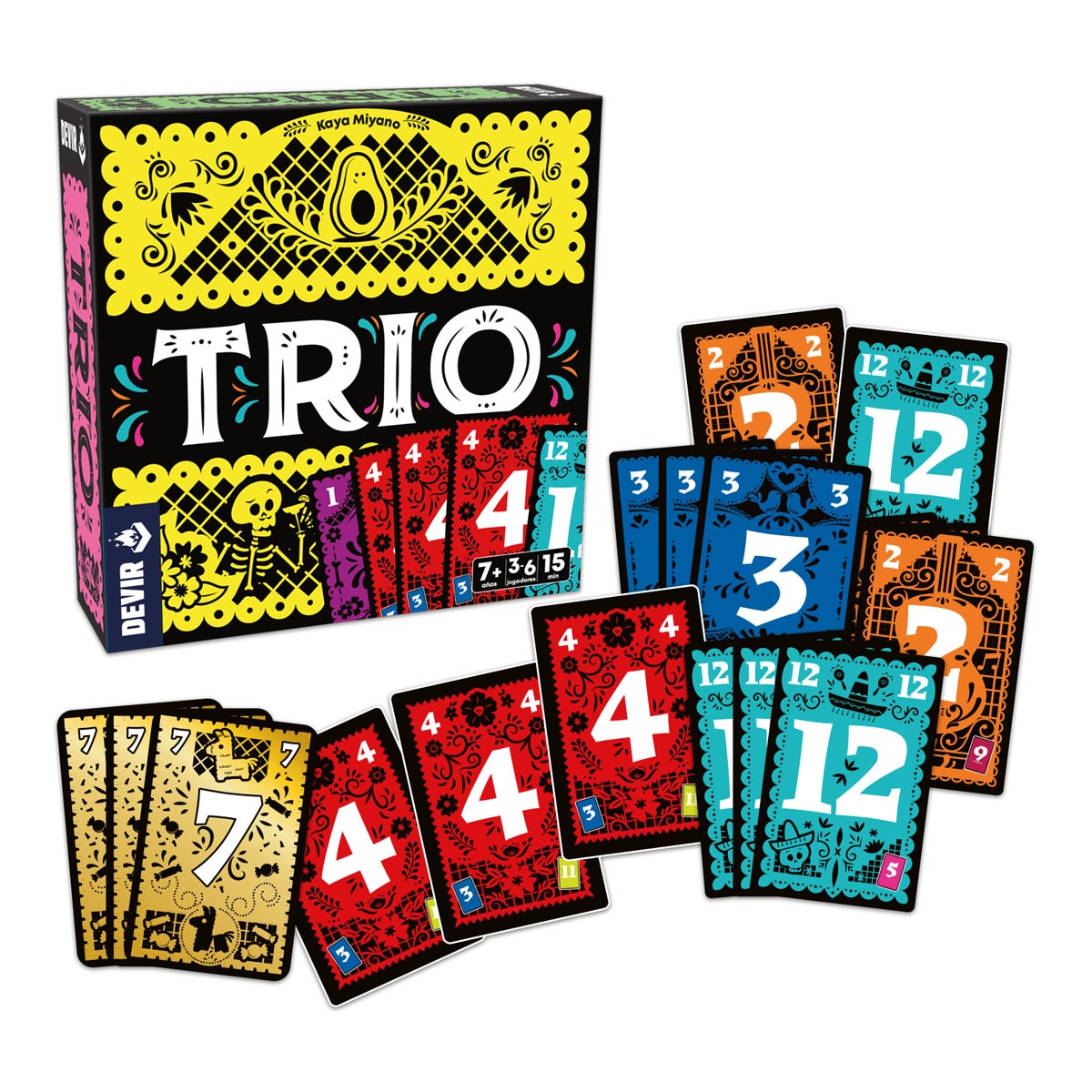 Caja del juego de cartas TRIO con diseño calaveras y papel picado junto a cartas numeradas