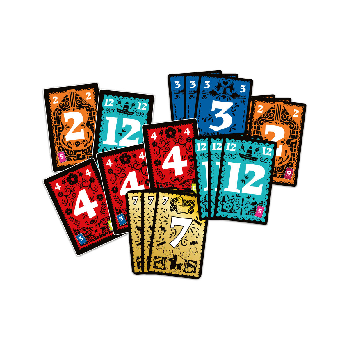 Cartas numeradas del juego TRIO en colores vibrantes sobre fondo blanco