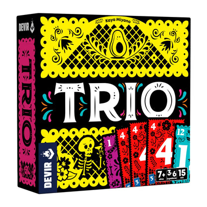 Caja del juego de cartas TRIO con ilustración de aguacate y calavera