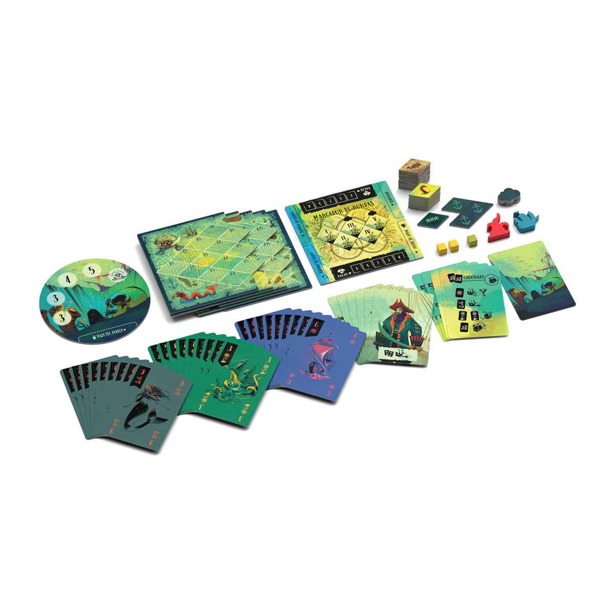 Componentes del juego de cartas Sail: tablero, cartas náuticas y fichas de madera