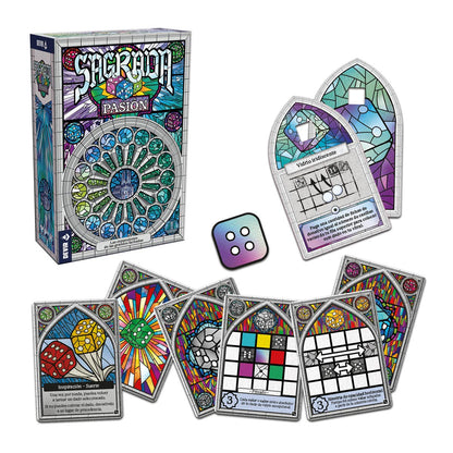 Componentes expansión Sagrada Pasión dados iridiscentes y cartas inspiración vitrales
