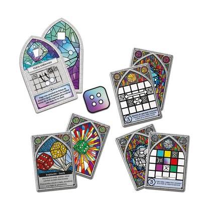 Dados y cartas vidrio iridiscente expansión Sagrada Pasión juego de mesa
