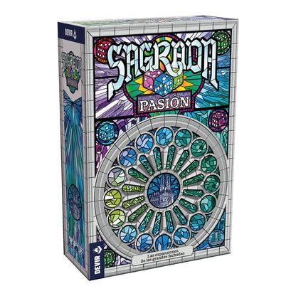 Caja expansión Sagrada Pasión juego de mesa Devir con diseño vitral y rosetón