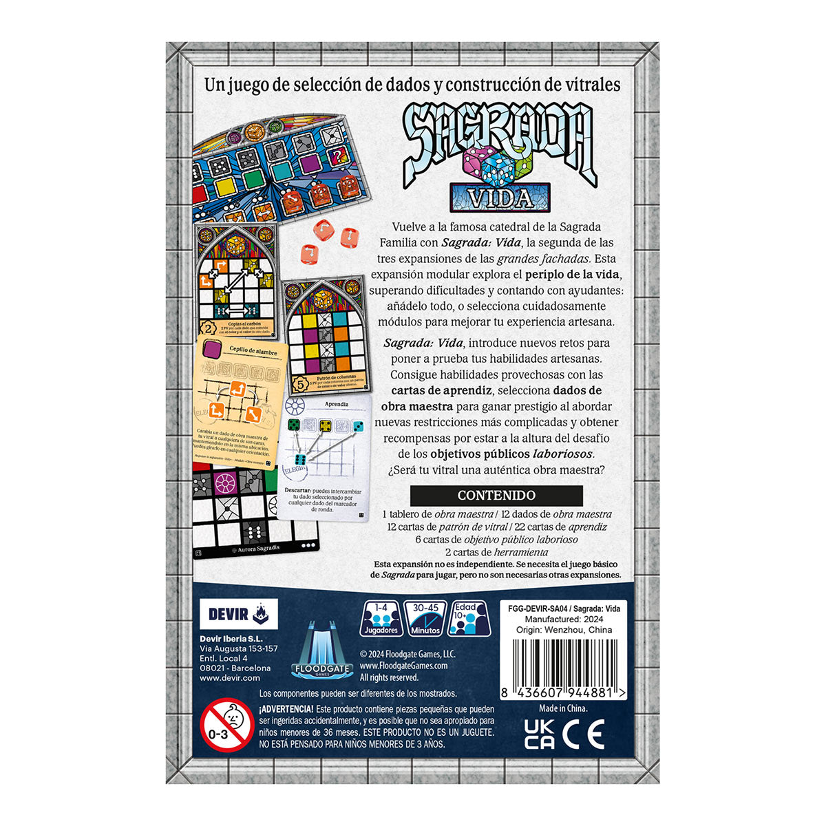 Contraportada expansión Sagrada Vida con lista de contenido y datos del juego