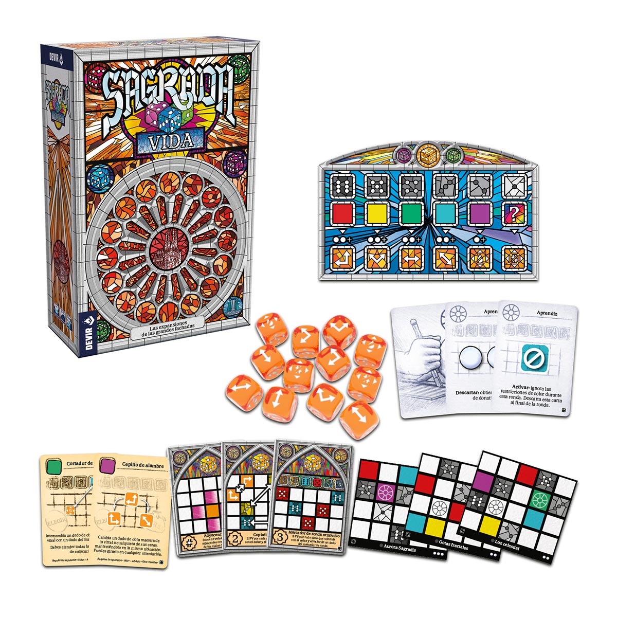 Sagrada Vida expansión con dados naranjas, cartas aprendiz y tableros modulares