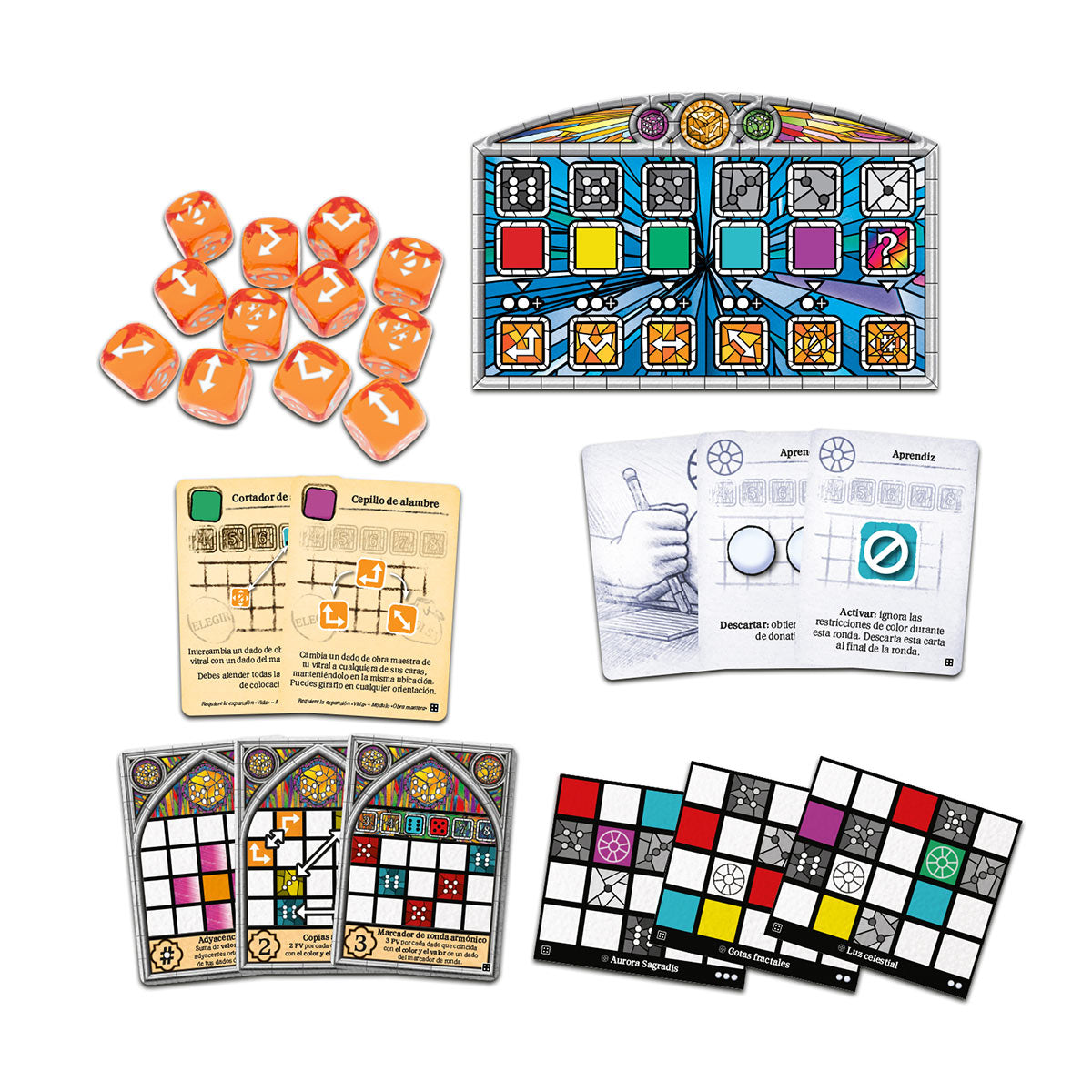 Componentes juego mesa Sagrada Vida: dados, tablero maestro y módulos