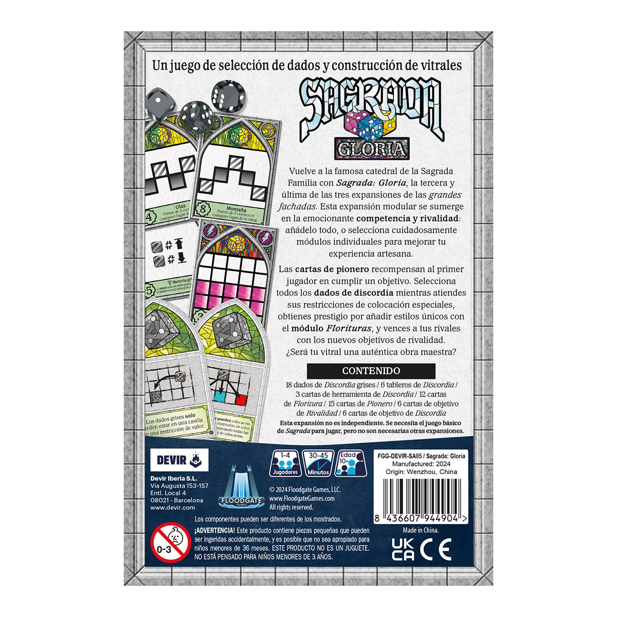 Dorso caja Sagrada Gloria lista contenido dados y cartas expansión Devir