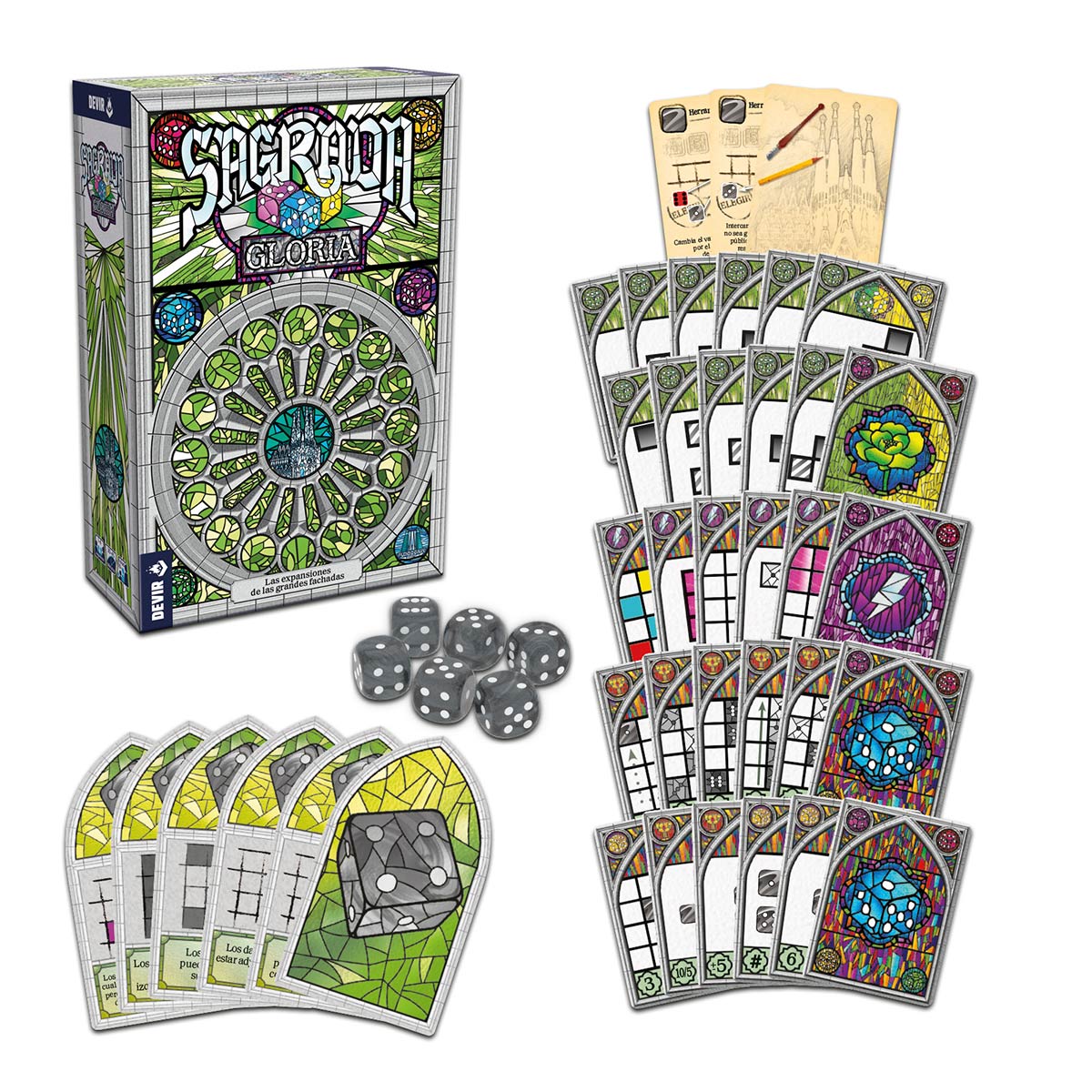 Sagrada Gloria expansión juego de mesa con dados, cartas vitrales y componentes