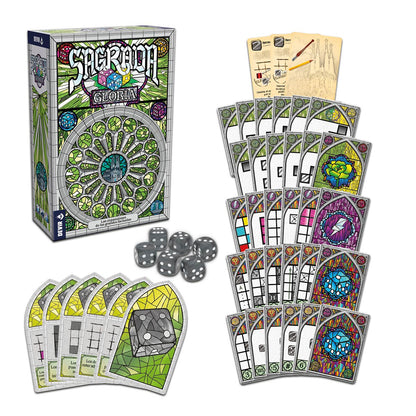 Sagrada Gloria expansión juego de mesa con dados, cartas vitrales y componentes