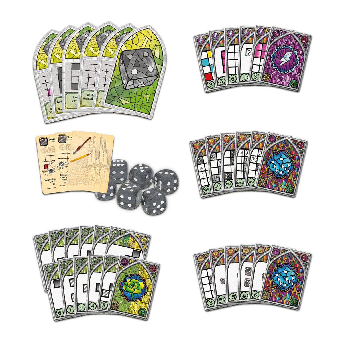 Componentes Sagrada Gloria: dados grises, cartas mosaico y hojas instrucciones